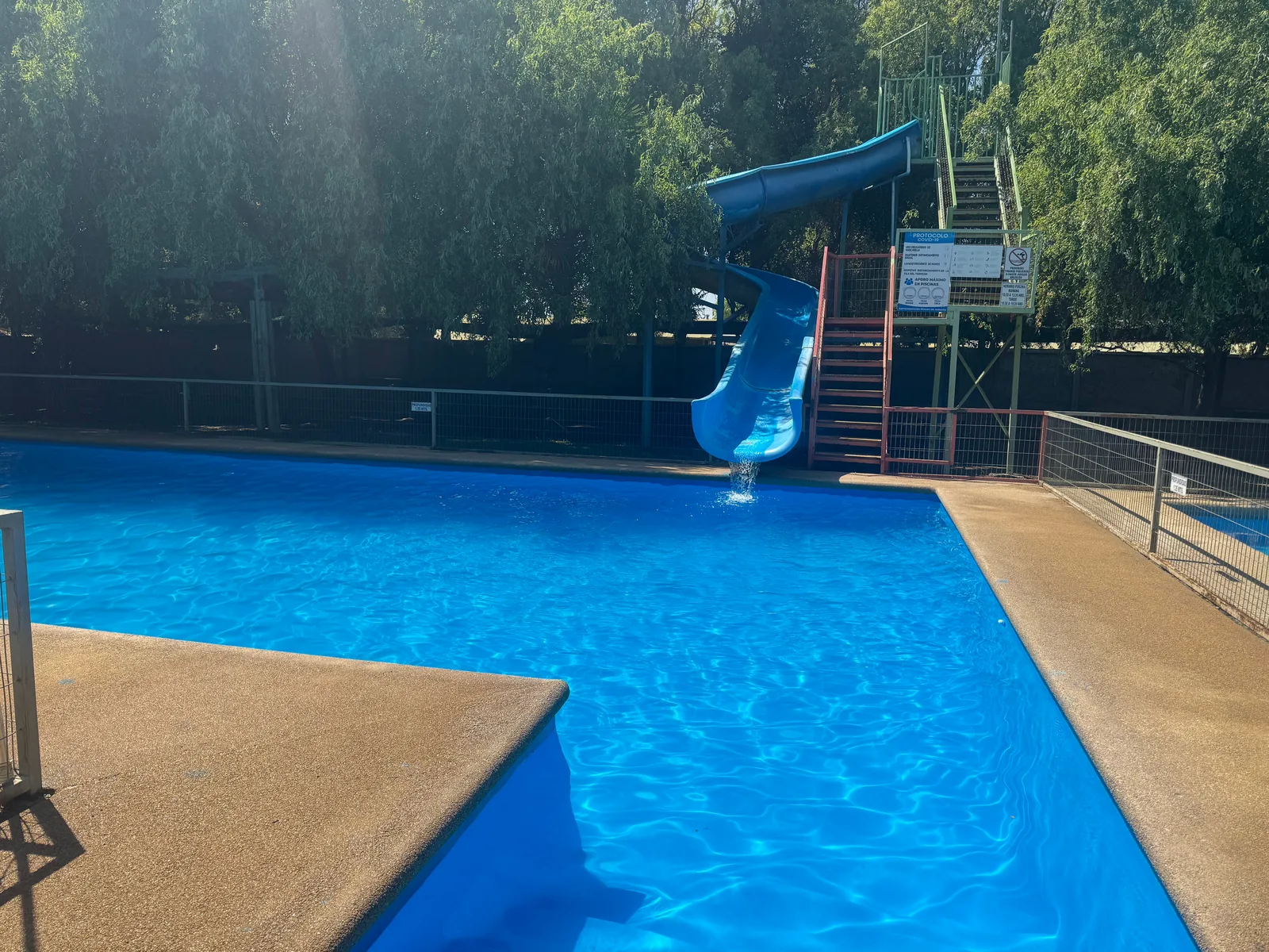 Piscina azul y tobogán entre los árboles del parque